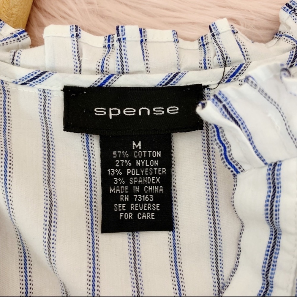 Spense White Blue Pinstripe Ruffle Button Front Blouse Elbow Sleeve - Picture 5 of 5